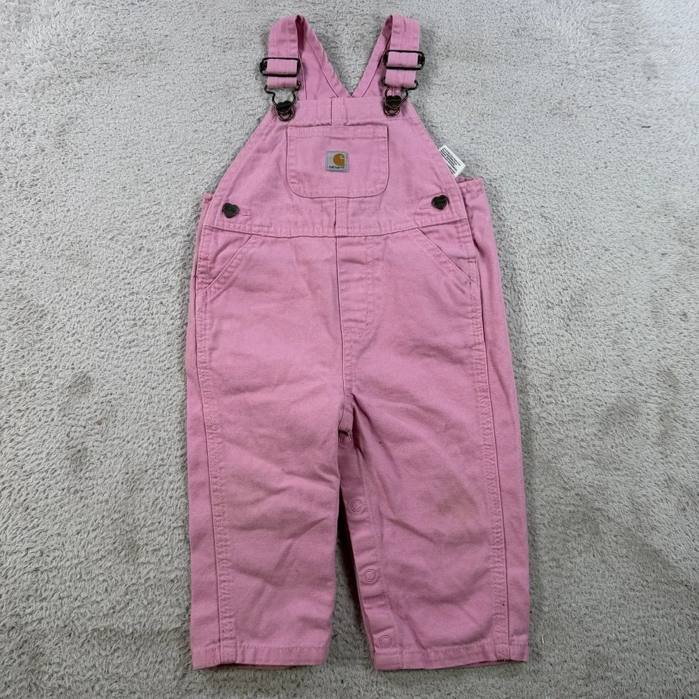 Carhartt Overalls Toddler Girls 12M Pink Heart Buttons Cotton Bibs OX9712